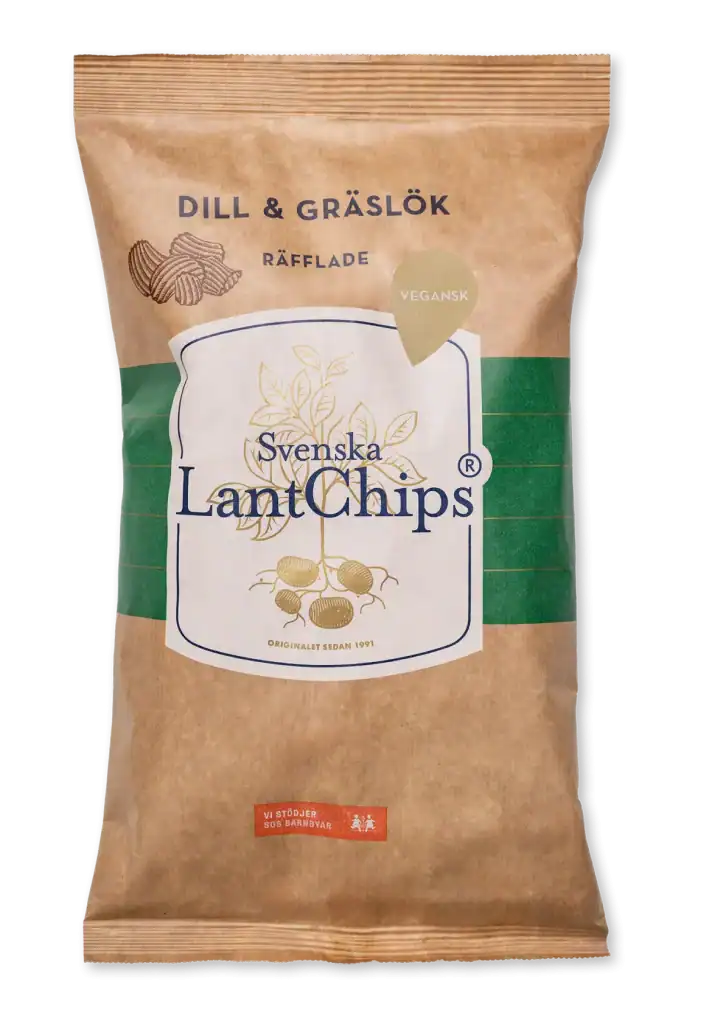 Svenska Lantchips räfflade Dill & Gräslöks chips är veganska